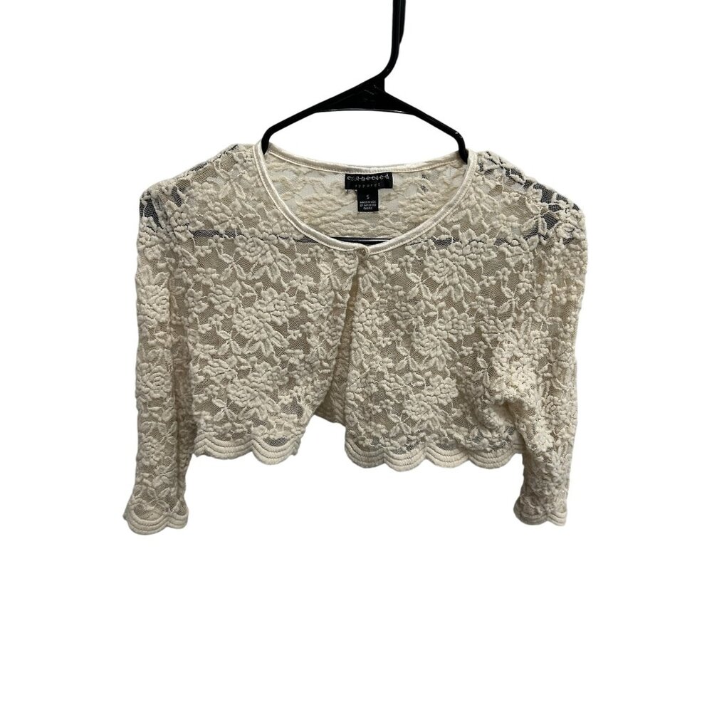 Connected Apparel Womens Ivory Scalloped Lace Cropped Cardigan Shrug SZ Small